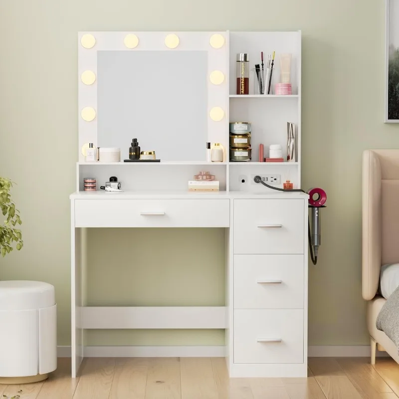 39.3'' Vanity Desk with LED Lighted Mirror &Power Outlet, Makeup Vanity Table with 4 Large Drawers and 3 Storage Shelves