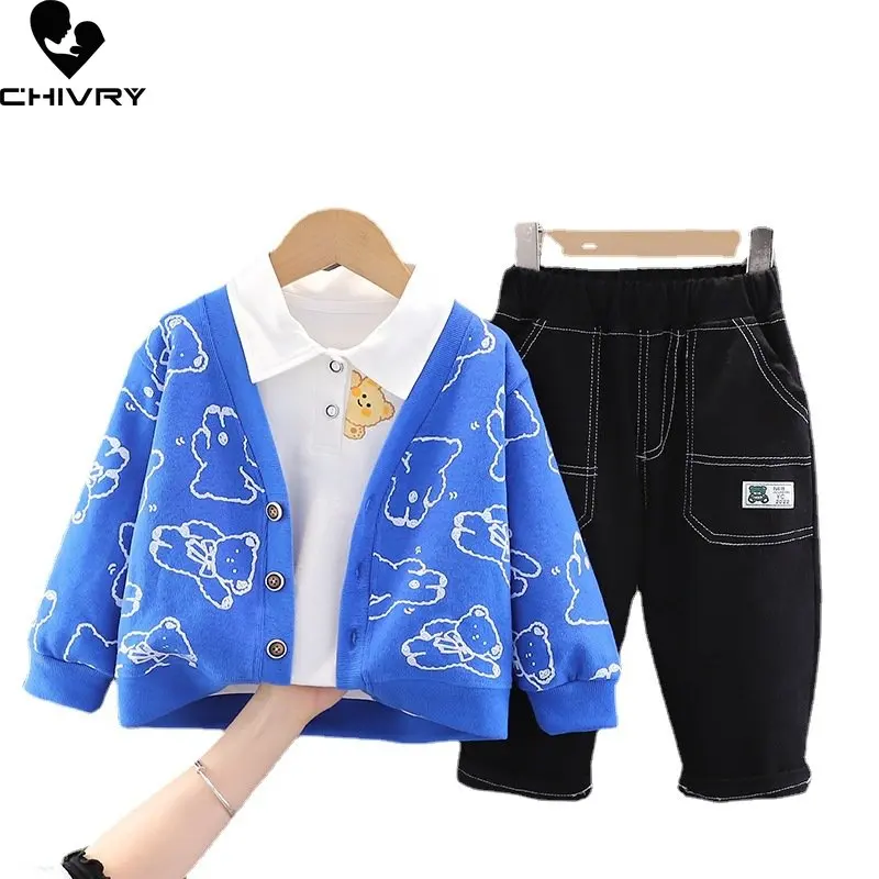 Boys Fashion Clothing Sets New 2023 Kids Spring Cartoon Bear Knit Cardigan Tops with Jeans Children Casual Three-piece Sets