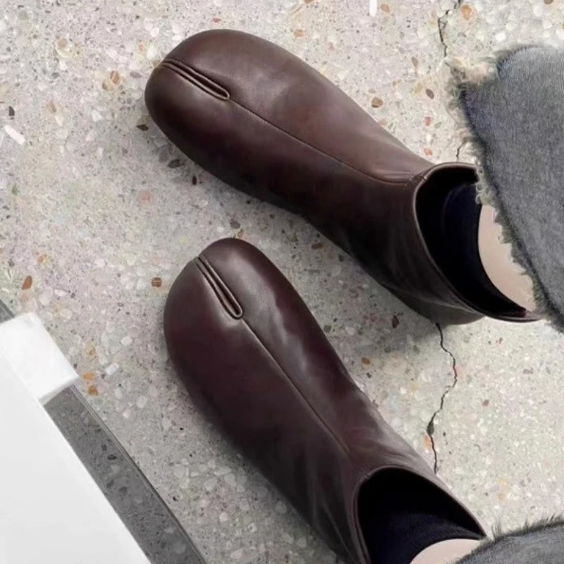 Damen Stiefeletten mit Geteilter Spitze Weiches Leder Flache Schuhe Hinterer Reißverschluss Lässige Kurze Chelsea Boots Retro Herbst Winter Mode Bequeme Vintage Halbstiefel – Detail 5