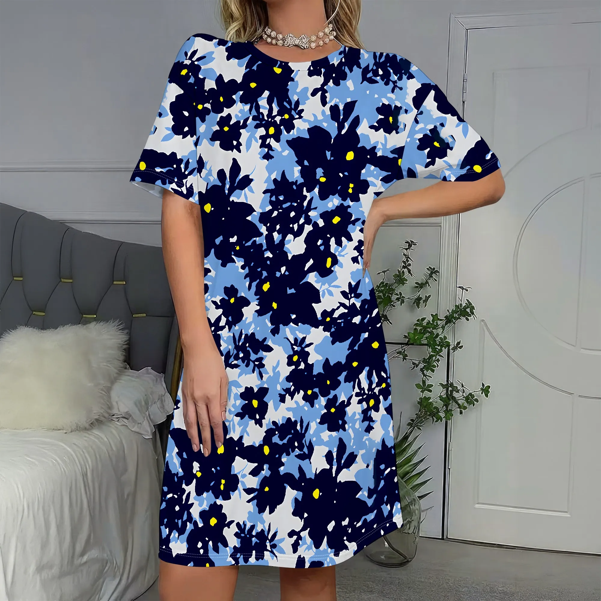 

Floral Print, Short Sleeve Dress, Navy Blue Pattern, Casual A-Line Fit, Summer Beach Wear, S-2XL
