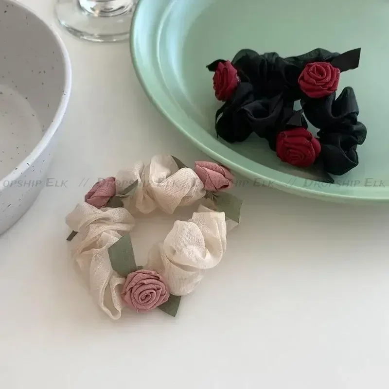 Koreańska moda letni kwiat róży jelito duże gumka do włosów opaska na głowę kobiety siatkowe elastyczne opaski do włosów Scrunchie akcesoria do włosów