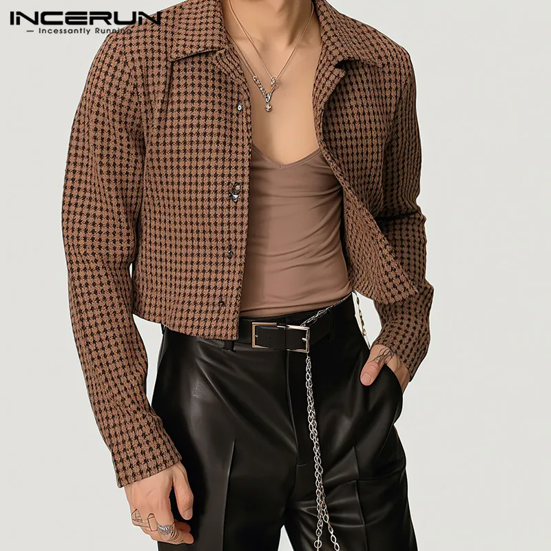 2024 Men\'s Jackets Plaid Lapel Long Sleeve Button Fashion Casual Male Crop Coats Spring Streetwear Thin Jackets S-5XL INCERUN