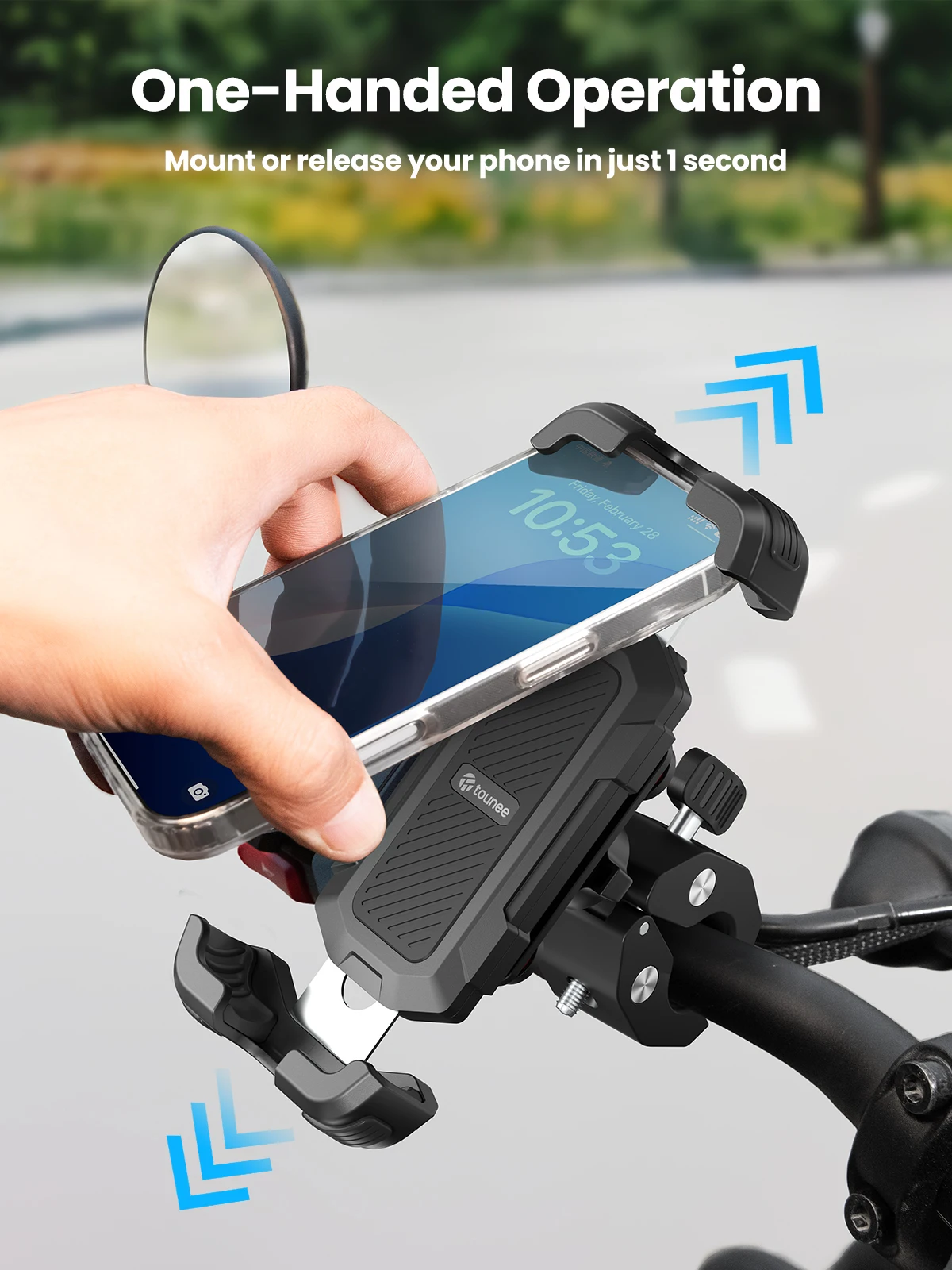 Bike Motorcycle Phone Holder -Dual Vibration Dampener, Tool-Free Handlebar Clip & Secure Lock for All 4.7-6.9" Phones