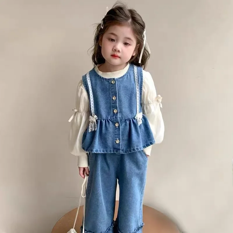 

Autumn New Little Girl Mesh Sleeves Shirt Casual Wide-Leg Pants Three-Piece Suit
