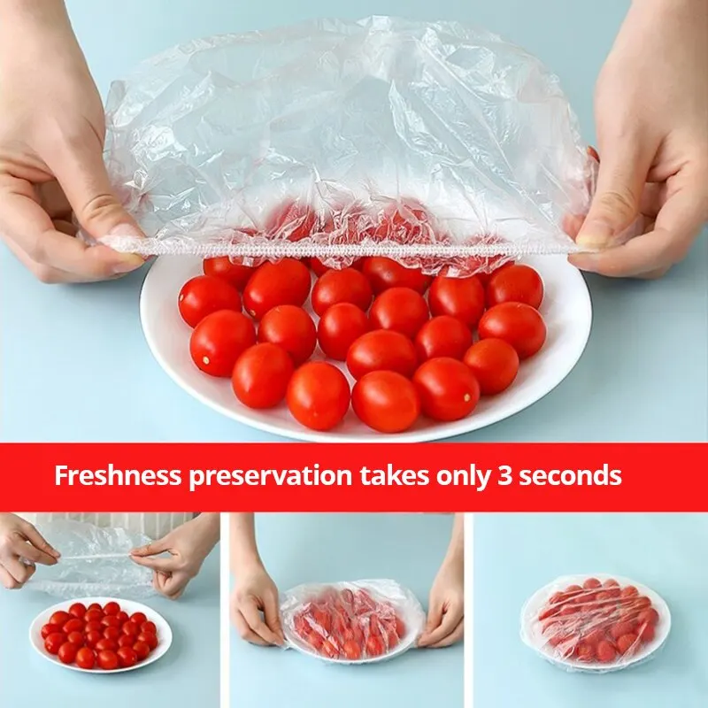 Disposable Food Cover Plastic Wrap Elastic Food Lids Storage Kitchen Fresh Keeping Saver Bag For Fruit Bowls Cups Caps Reusable