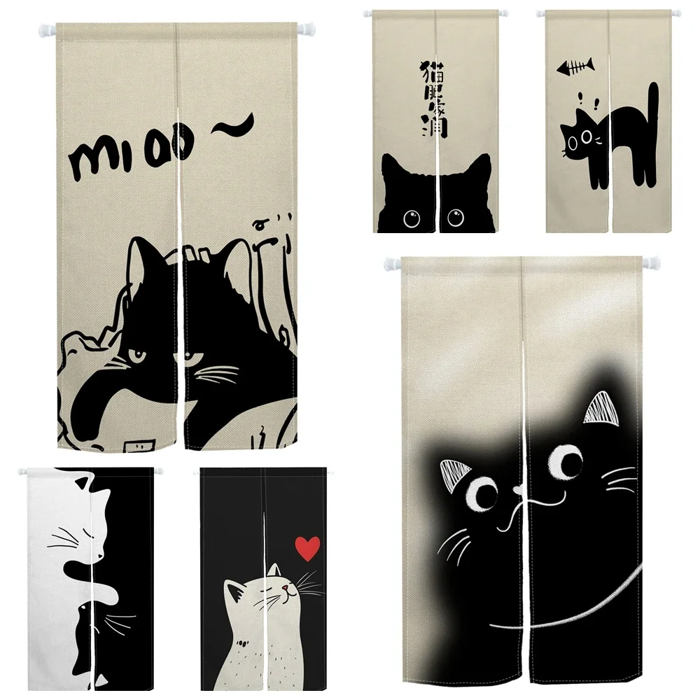 VIKAMA Adorable Cat Japanese Norin Door Curtain Black and White Cartoon Style Half-Length Pole-Mounted Door Curtain Home Decor