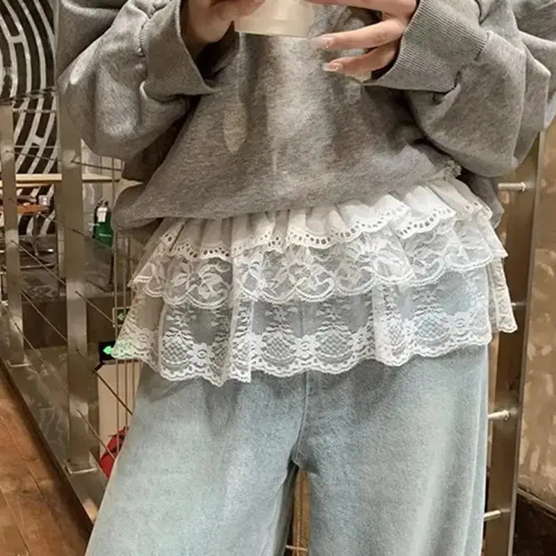 Gonna irregolare in pizzo moda coreana tenda fiori gonna a metà corpo in rete di pizzo pantaloni estivi da donna jeans orlo decorativo