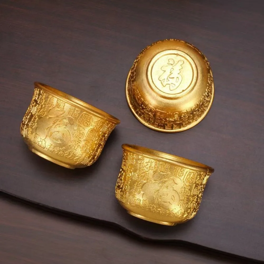 

6pcs Durable Alloy Tea Cup Auspicious Fu Embossed Mini Wine Cup Gold/Silver Offering Water Bowl Temple