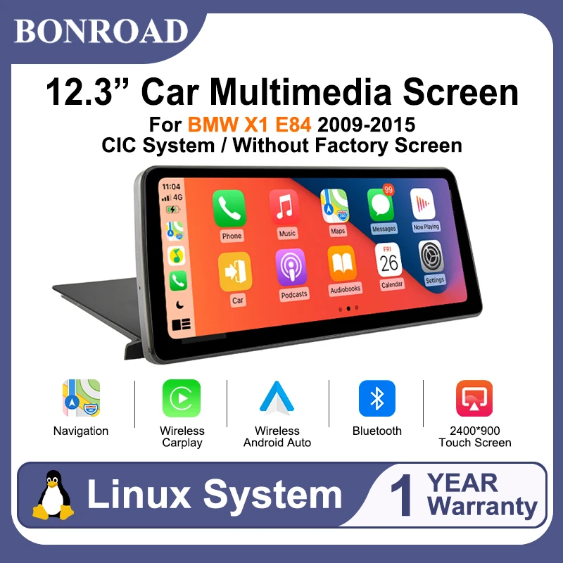 Lecteur multimédia sans fil BONROAD 12.3 avec Linux, CarPlay et Android Auto, autoradio pour BMW X1 E84 2009-2015 avec système CIC/sans écran d'origine, prend en charge AirPlay Mirror Touch Screen