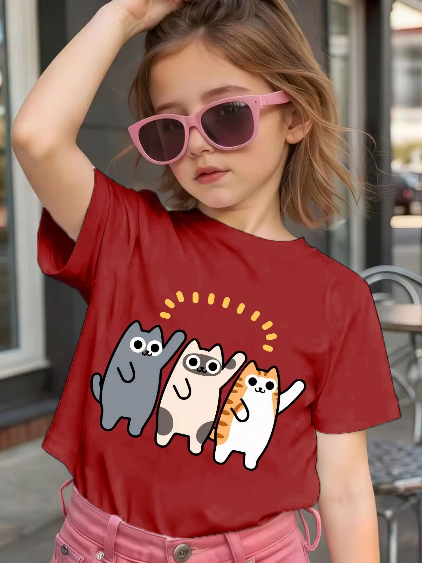 Three Cute Waving Cats Cartoon Print Kids T Shirt Boys Girls Family Match Cotton Short Sleeve Summer Children Casual Basic Wear