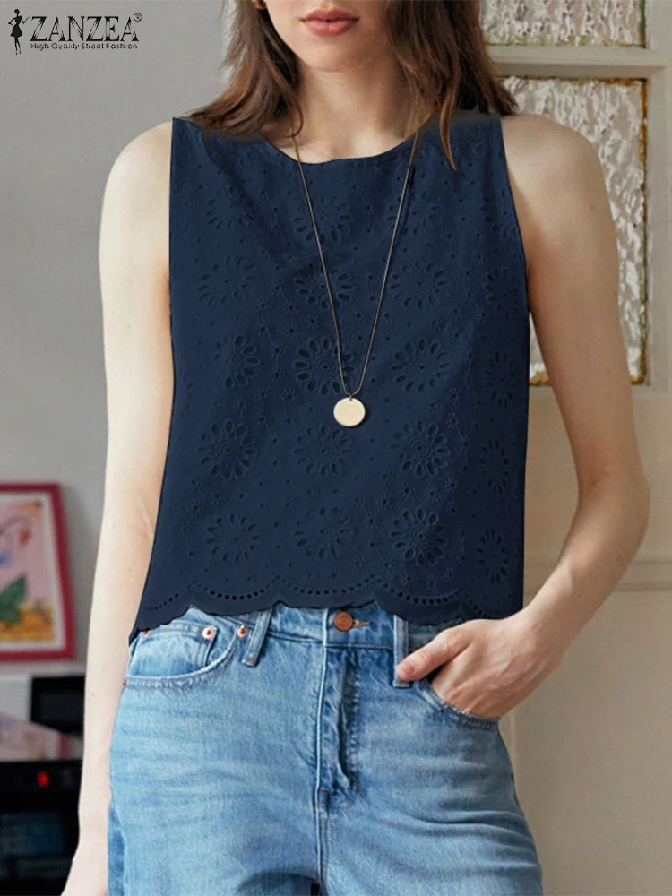 

ZANZEA 2025 Summer Openwork Lace Solid Camis Fashion Bohemian O-Neck Patchwork Tank Tops Woman Day Wear Sleeveless T-Shirts