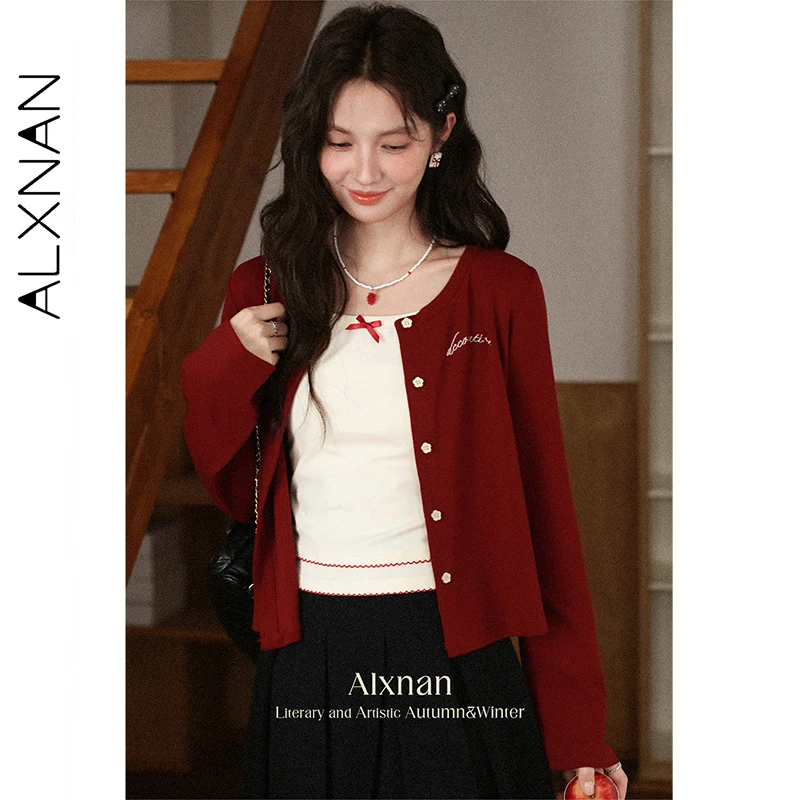 

ALXNAN Red Knitted Cardigan Short Vintage Elegant Loose-fit Letter Embroidery Jumpers 2025 Autumn Long Sleeve Knitted Top L56865
