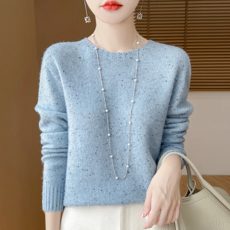 

Floral Yarn Dot 100 Pure Woolen Sweater Women 2024 Autumn and Winter New Crewneck Simple Loose Sweater Knit Bottom Shirt