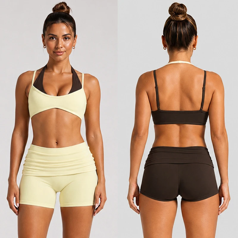 Women Halter Neck Backless Yoga Set Sports Bra Quick Dry Running Shorts Workout Outfit Gym Clothes Set