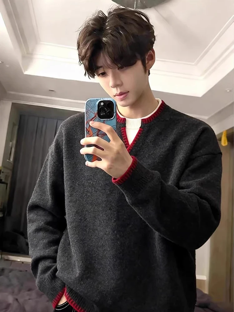 

Bla V-Ne Thiened Knitted Sweater Men's Winter Leisure Sle Inner irt Fake Two-Piece Sle Casual Wear Long Sve