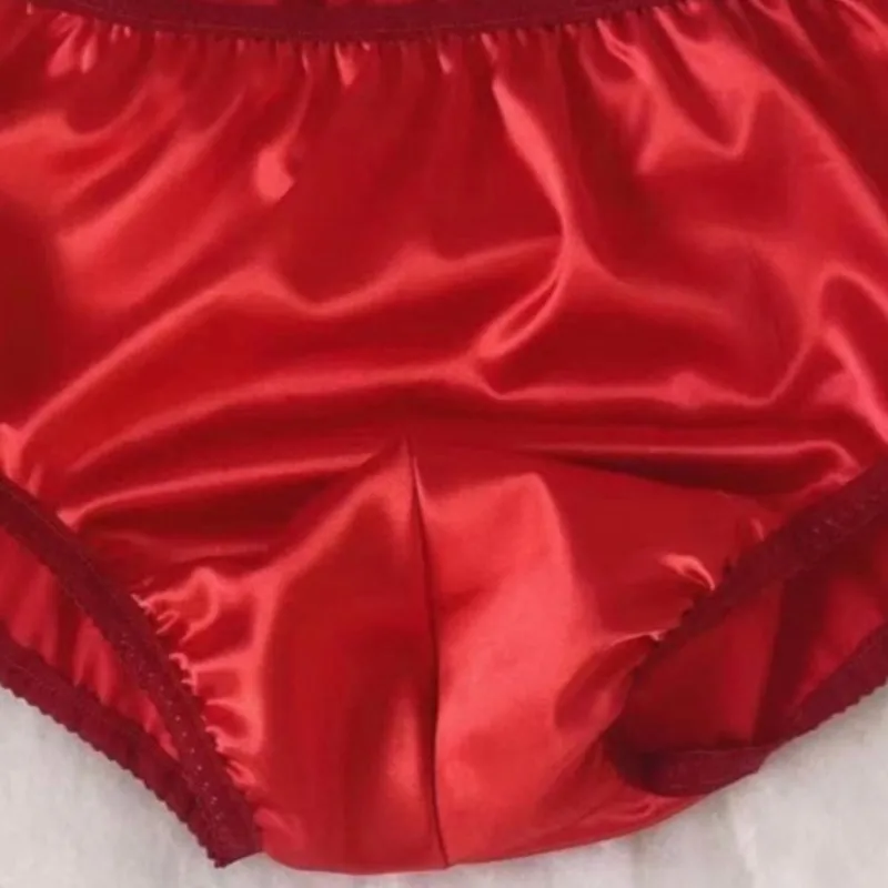 Man Solid Color Glossy Ice Silk Satin Lingerie Cross-dressing Mid Waist Panties Plus Size Underwear Men Sexy Briefs
