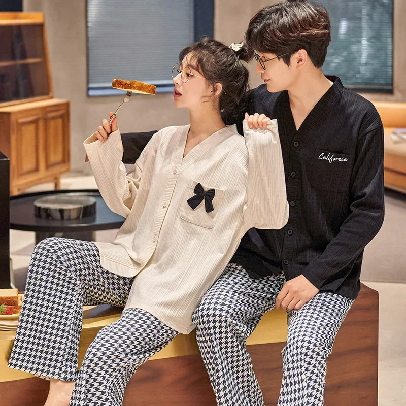 Autumn Couple Pijamas Set For Men Women Cotton Kimono Homewear Man Pjs Female Pijamas Suit Pyjamas Home Clothes Drop Ship