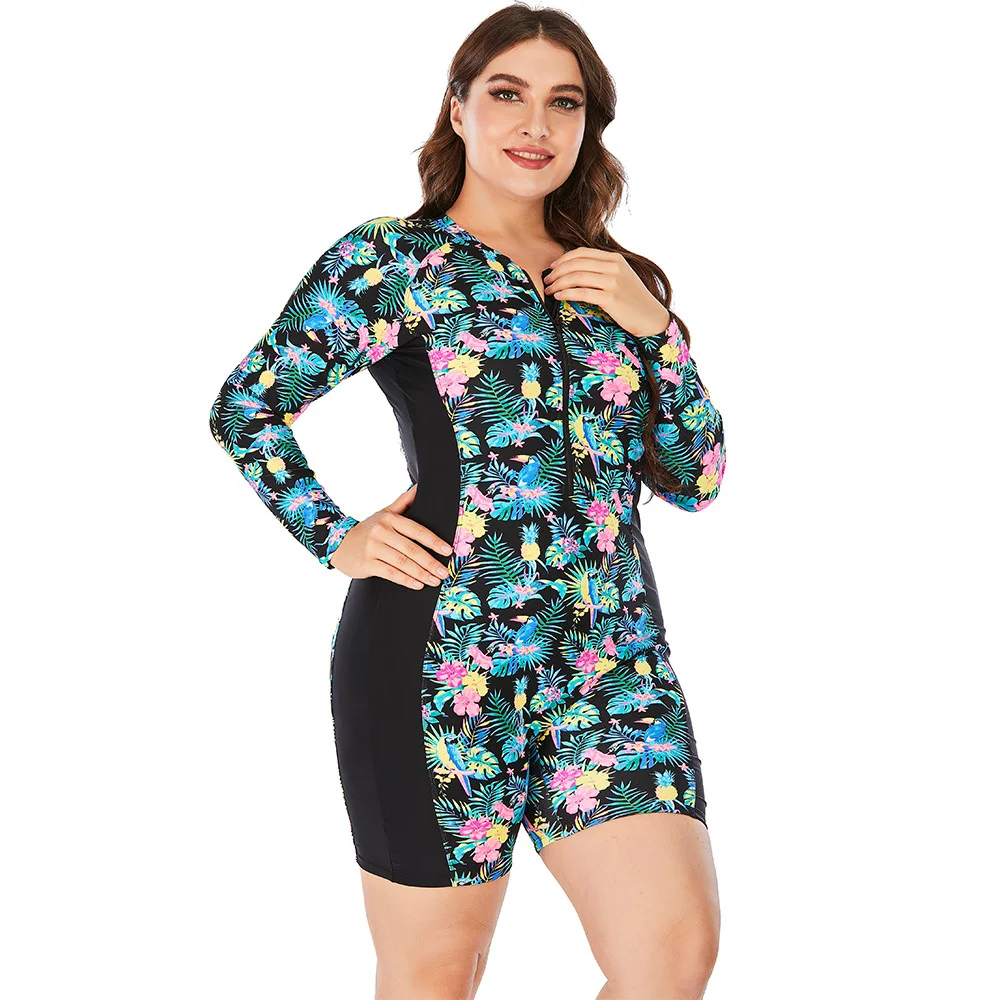 2024 Women's fashion resort beach plus size one-piece swimsuit Conservative women's wetsuit print plus size long sleeve swimsuit