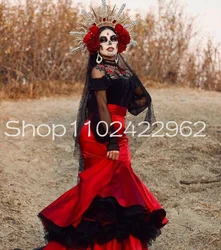 Black Red Mexican Gothic Mermaid Prom Dresses Illusion Long Sleeve Floral Lace Stain Disfraz catrina mujer Evening Gown