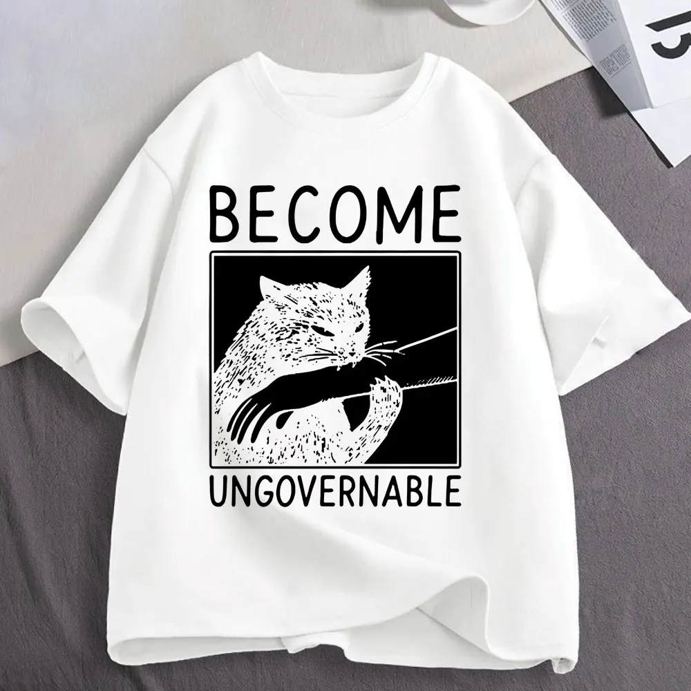 Become Ungovernable Black Cat Biting Hand Funny Meme T Shirts Men's Women Clothing Cotton Casual Oversized Short Sleeve T-shirts