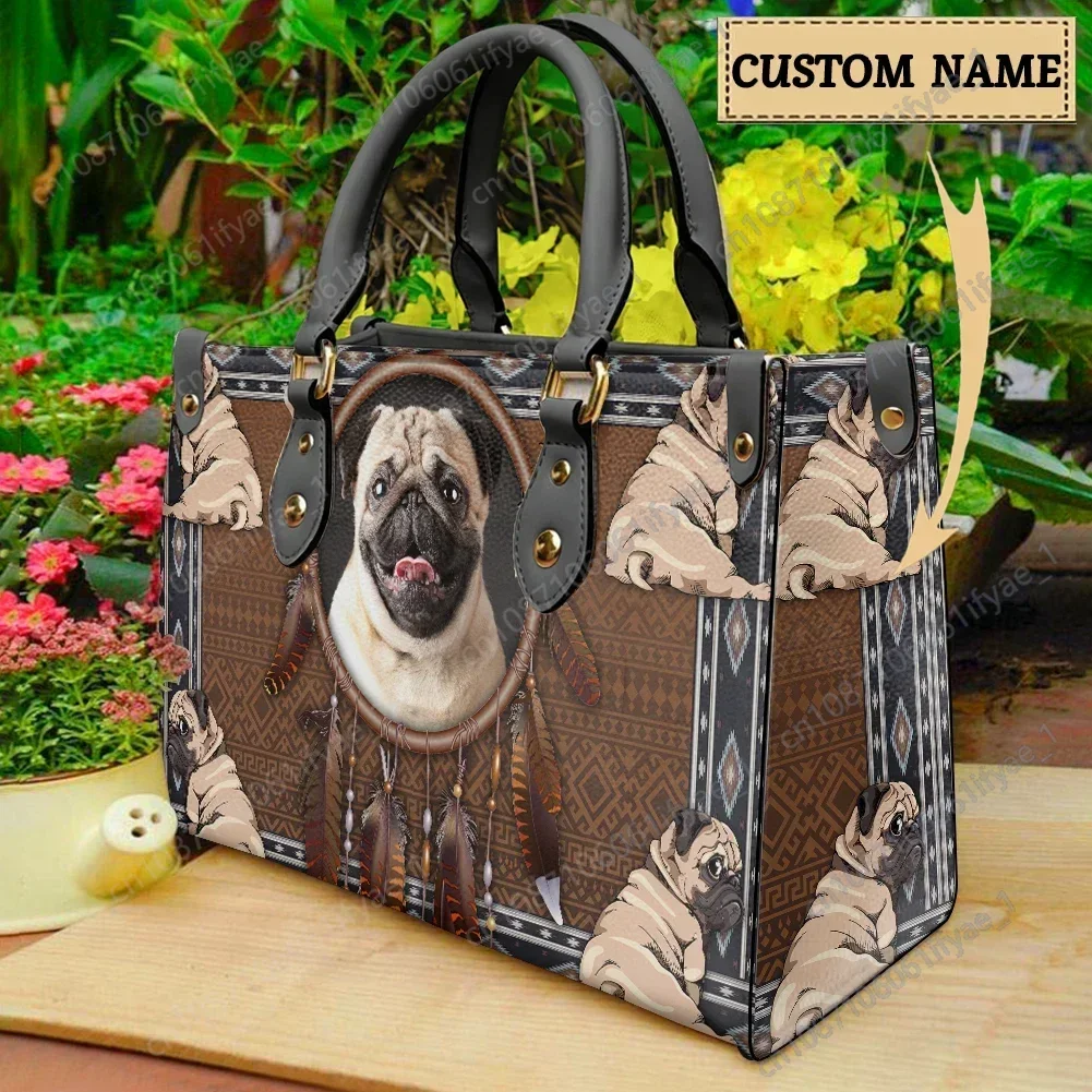 Ladies Elegant Handbag Cute Pug Custom Name Crossbody Bags Leather Large Capacity Multifunctional Outing Business Zipper Totes