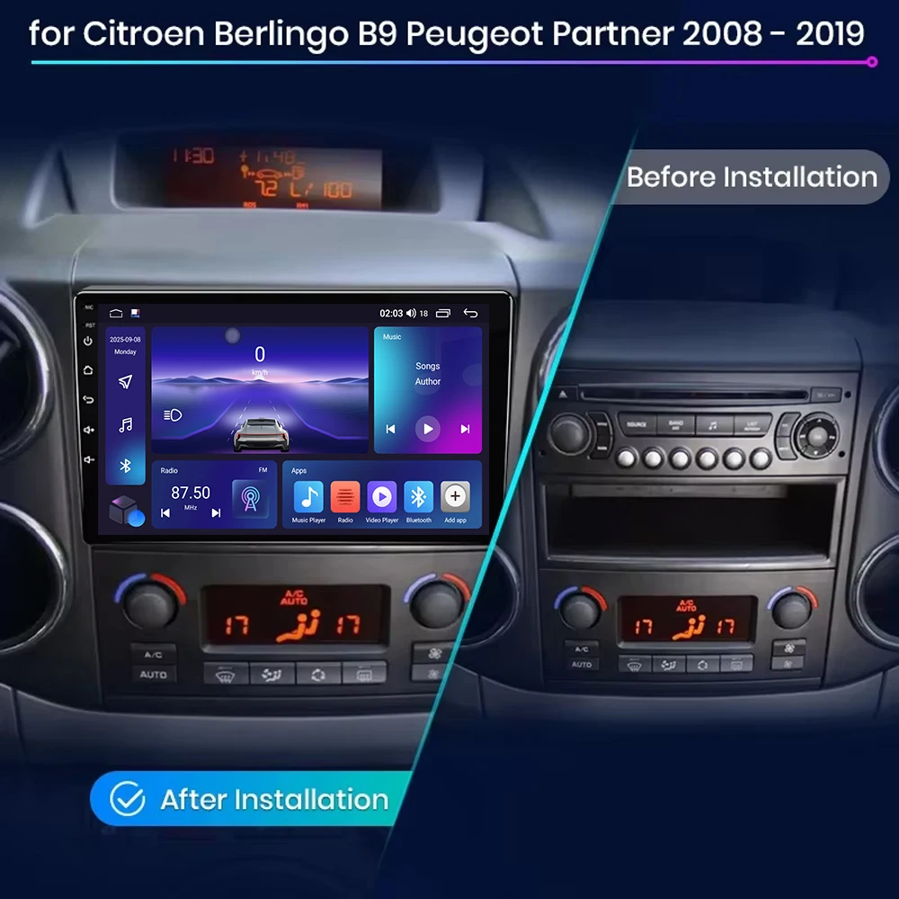 Car Android 16 Radio Stereo For Citroen Berlingo B9 Peugeot Partner 2008 - 2019 Wireless CarPlay Android Auto No 2 Din 2din DVD
