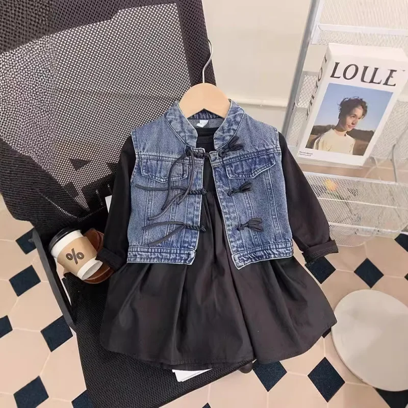 

Girls' Suit2024Baby Autumn New Western Style Girl Dress Denim Vest Chinese Style2Set