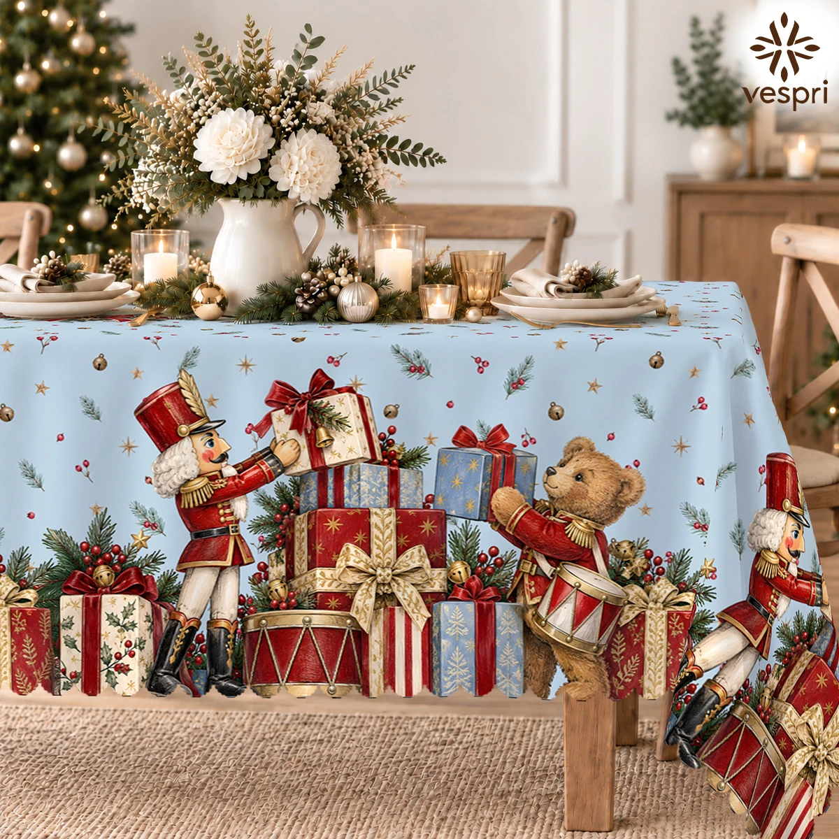 Christmas Tablecloth with Holiday Gifts & Toy Trains for Indoor/Outdoor Camping decor, Rectangular/Round/Oval