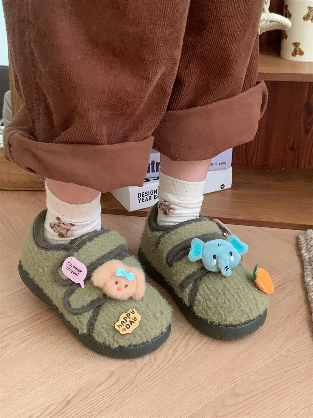 Cute Little Elephant Plush Slippers Creative Letter Board Bean Bean Shoes Women Winter Outdoor Wear Casual Cotton Shoes