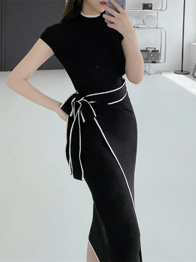 Elegant Knitted Dress Women Fall Winter New Warm Half Turtlenck Off shoulder Long Sleeve Sashes Bow Wrap Hip Sweatrer Robe Femme