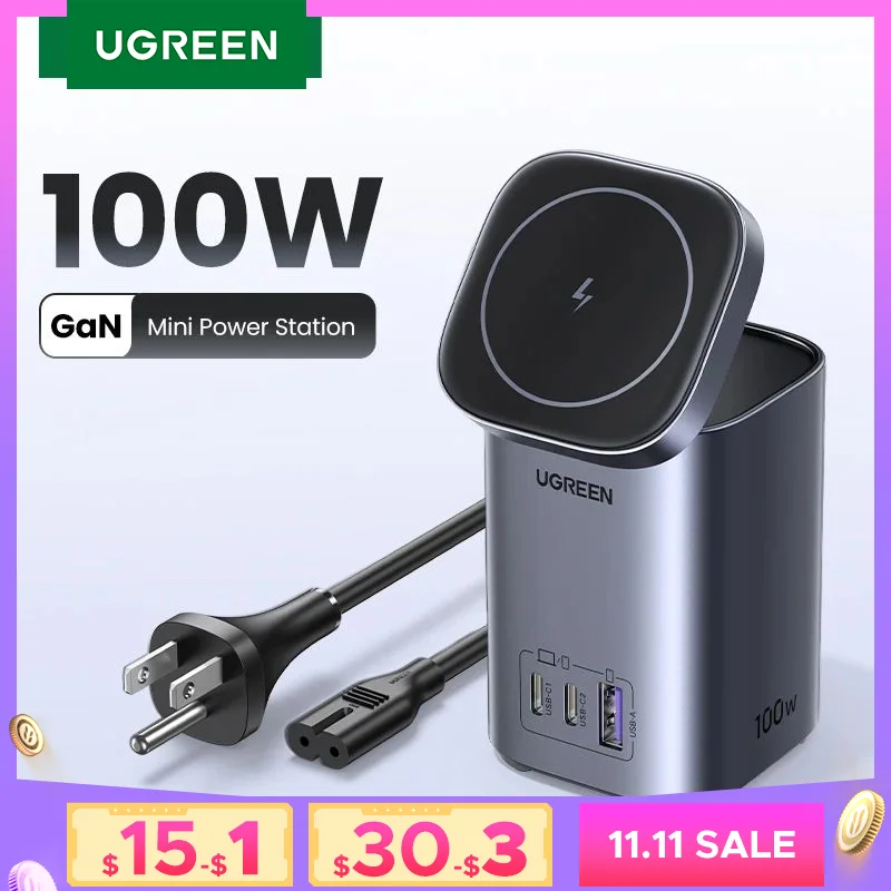 UGREEN GaN 100W Desktop Charger MFi Magnetic Wireless Charger for iPhone 16 15 14 Fast Charger Power Station for Laptop Notebook