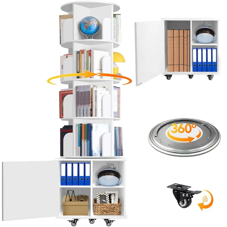 

Вращающаяся книжная полка-башня 360° с шкафом для хранения, угловой органайзер, круглая полка для книг