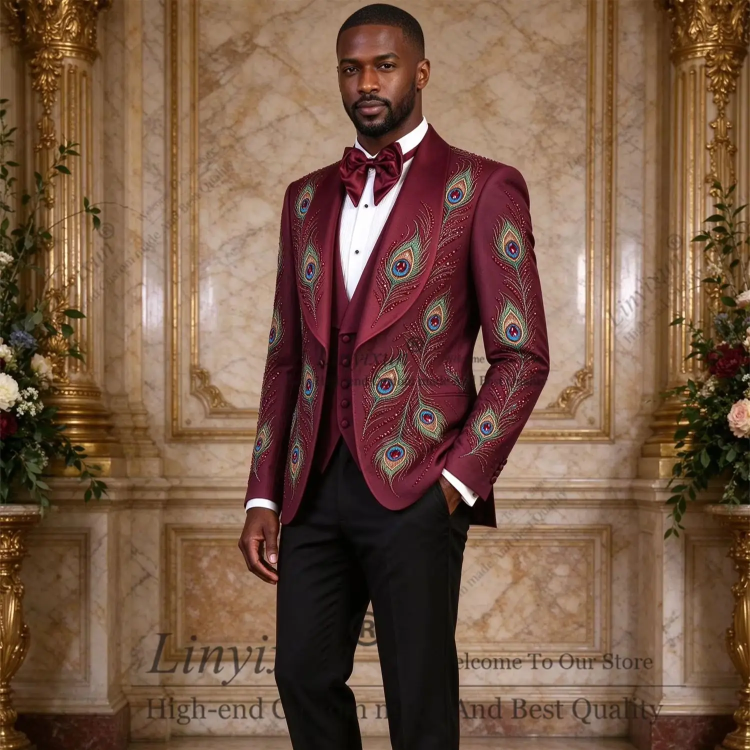 Unique Design Edition Peacock feathers Men Suits 3 Pieces Male Party Prom Blazers Fashion Groom Tuxedos Customized Ropa Hombre