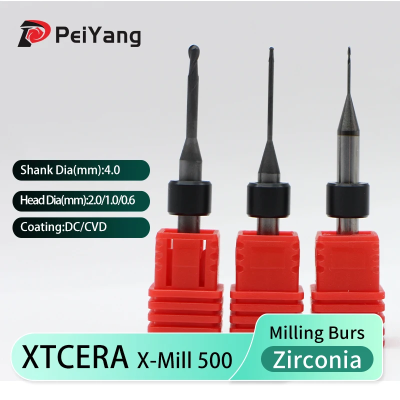 XTCERA X-mill 500 /500plus Zirconia PMMA Shank DC DLC SHC Coating Milling Cutter Diameter 2.0/1.0/0.6mm DrillDental Milling Burs