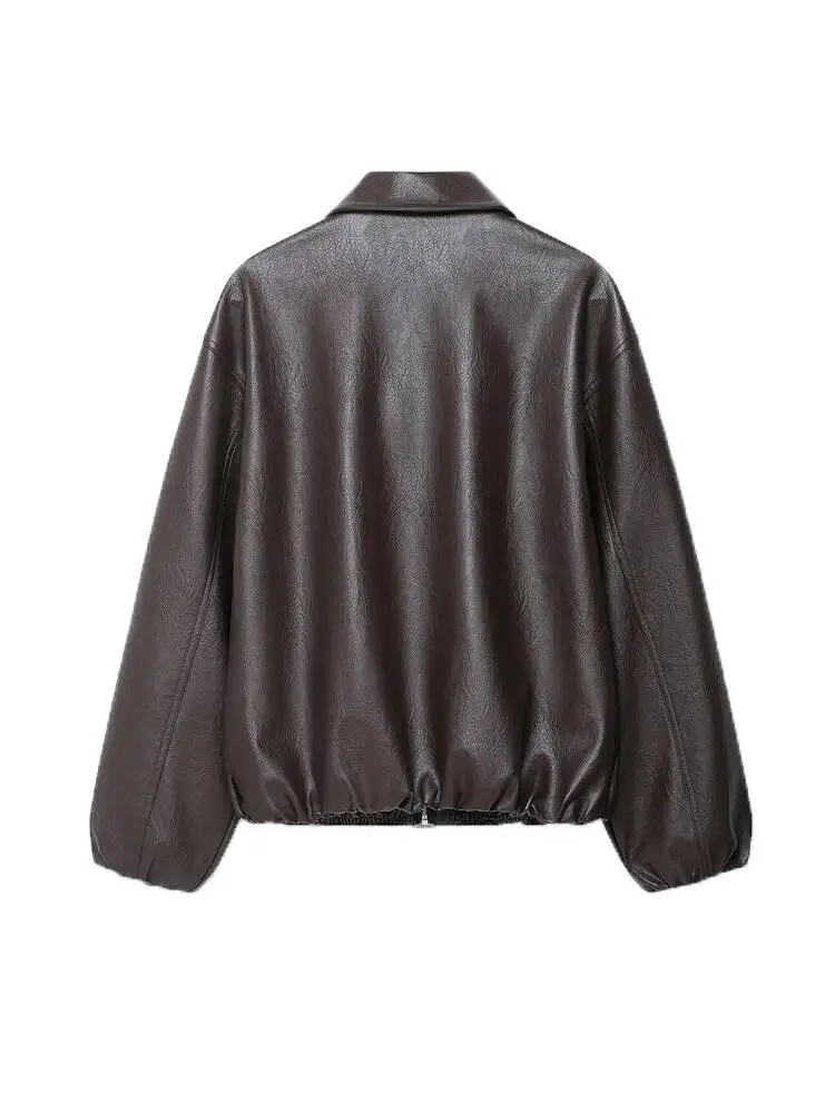 Chaqueta Bomber de piel sintética para mujer, ropa de abrigo elegante de manga larga con dobladillo elástico, Top de moda femenina