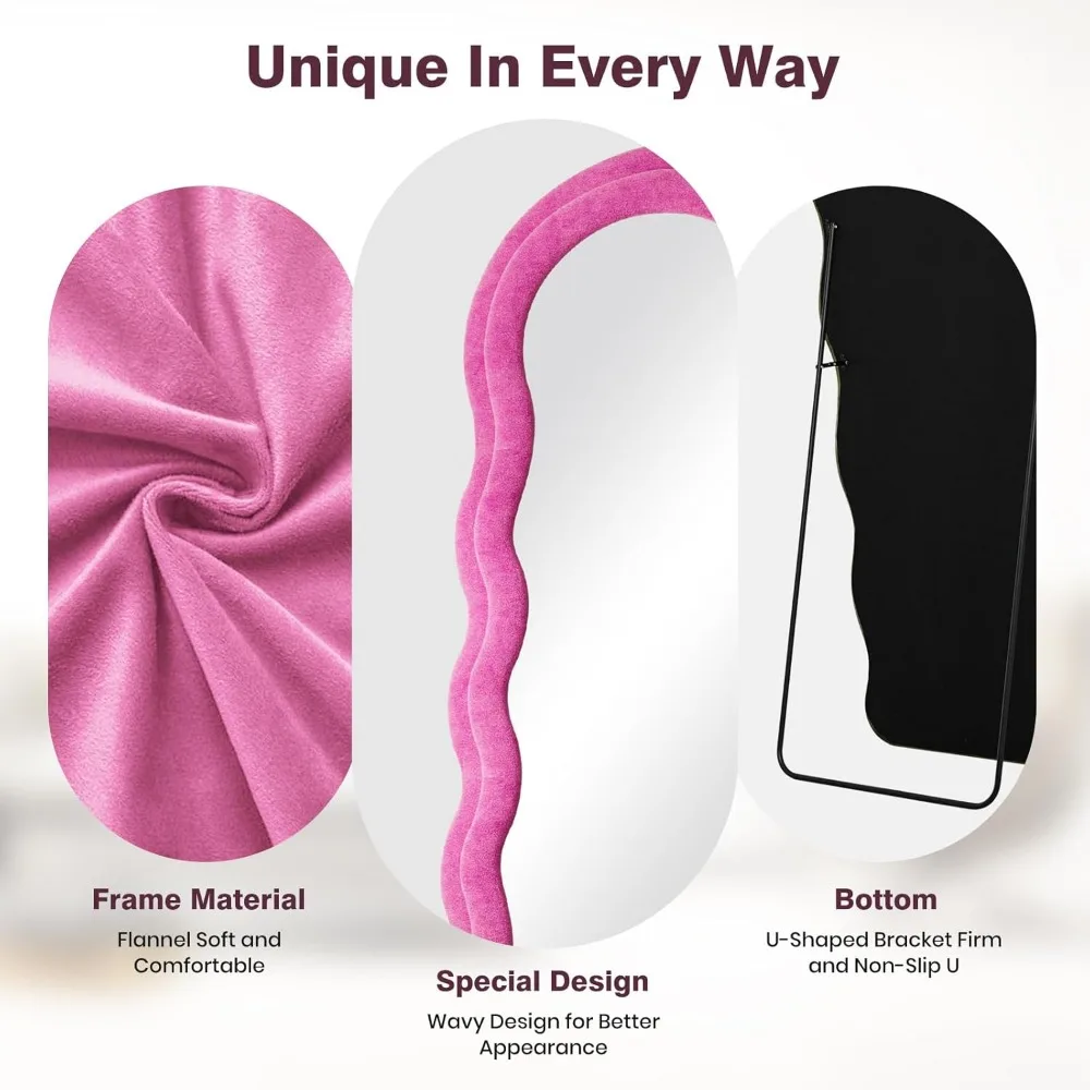 Specchio da pavimento a parete ondulato ad arco per tutto il corpo con supporto, 63x24 pollici, cornice rosa caldo, parete sospesa appesa, specchio a figura intera