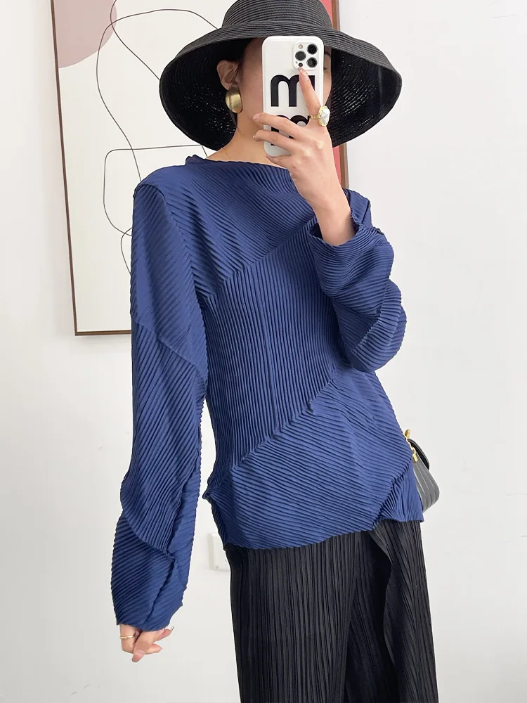 Miyake Pleated Long Sleeve Tops Spring Summer New Korean Fashion Designer Niche Women Loose Irregular Elegant Matching T-shirt