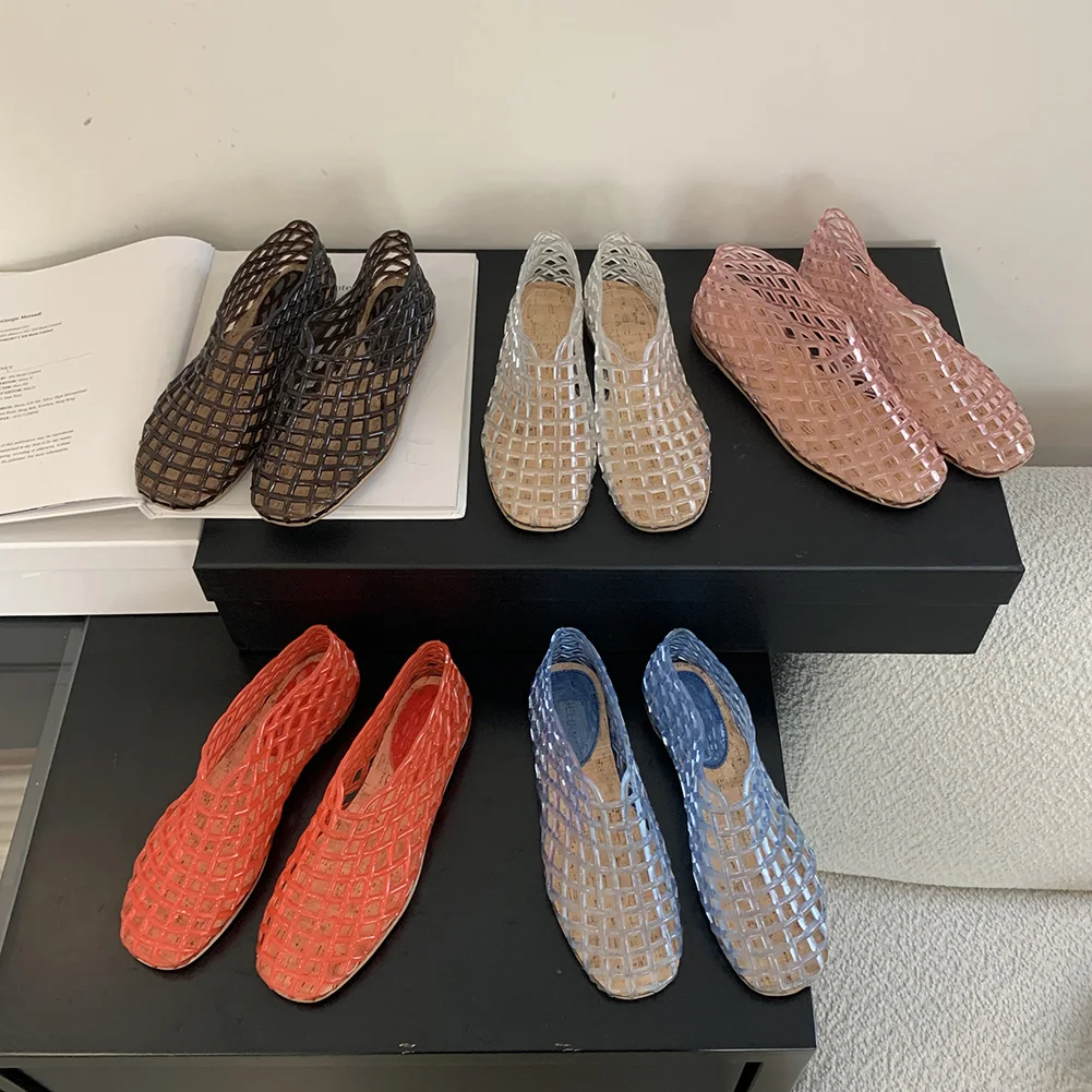 Women Jelly Flats Mesh Ballet Flats Square Toe Hollow Out Ballet Flats Lightweight Beach Jelly Shoes Breathable for Summer Beach image 3