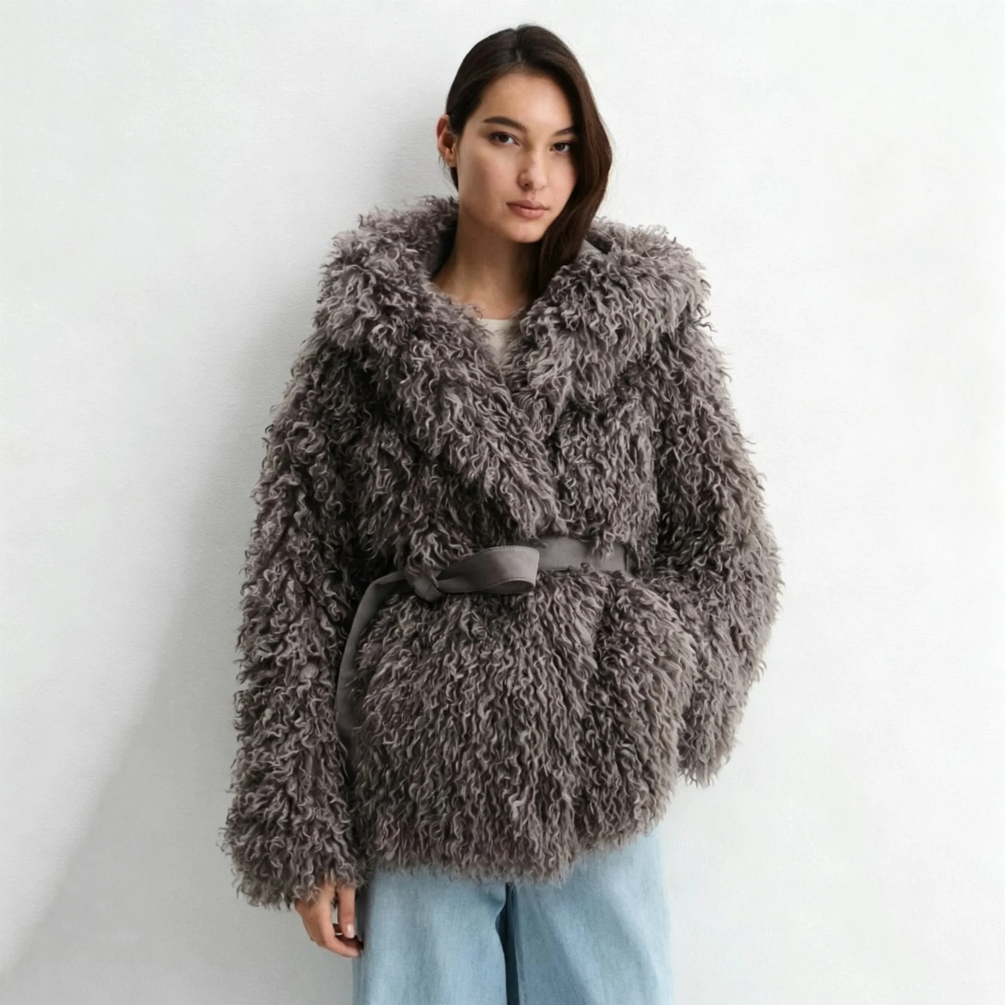 RU Women Curly Faux Fur Short Coat Self Tie Waist Belt Loose Warm Outerwear For Autumn Winter Elegant Street Daily Outfit
