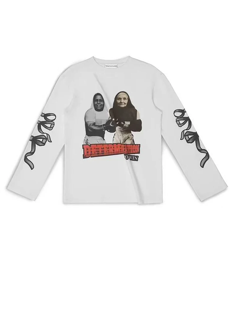 

Y2k American Retro White Trendy Pattern Letter Printed Long Sleeved T-shirt Casual Loose Street Style Printed Top Street Wear