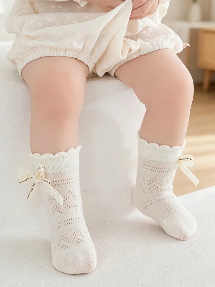 3 Paar Baby-Socken für Mädchen, Sommer-Mesh-Socken, atmungsaktiv, für Kleinkinder, Prinzessinnen-Socken, mittellange Socken für Neugeborene, niedliche süße Spitzen-Socken mit Schleife für Kleinkinder – Detail 4
