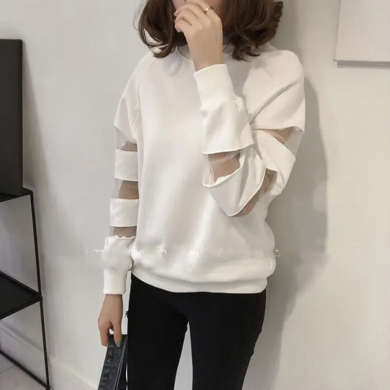 Fashion Korean Gauze Patchwork T-shirt Casual Female Clothing Solid Color All-match Long Sleeve Spring Autumn O-Neck Pullovers