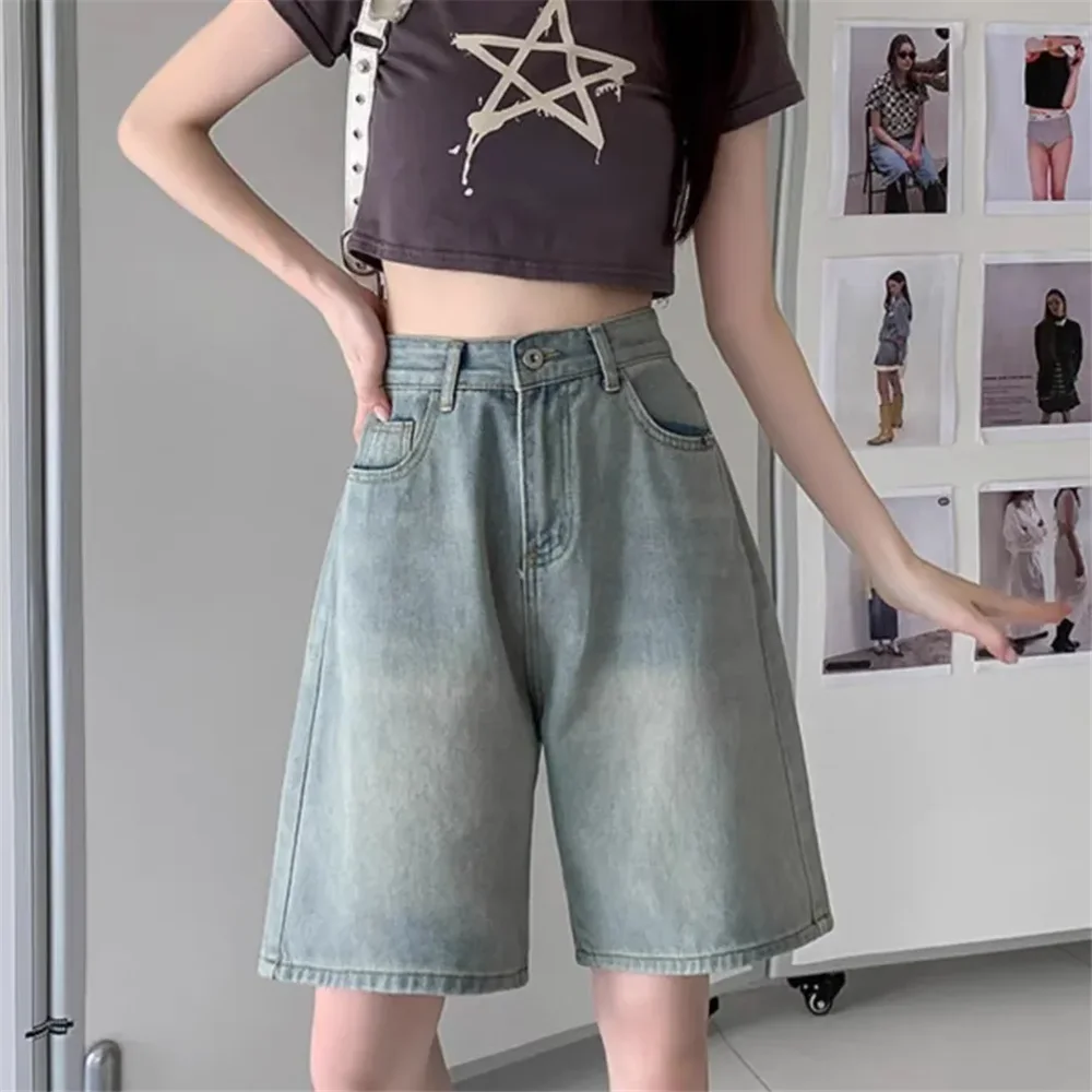 

Blue Shorts Jeans Women's High Waist Straight Pants TIKTOK Streetwear Y2K 90s Vintage Female Wide Leg Denim Five Points Trouser