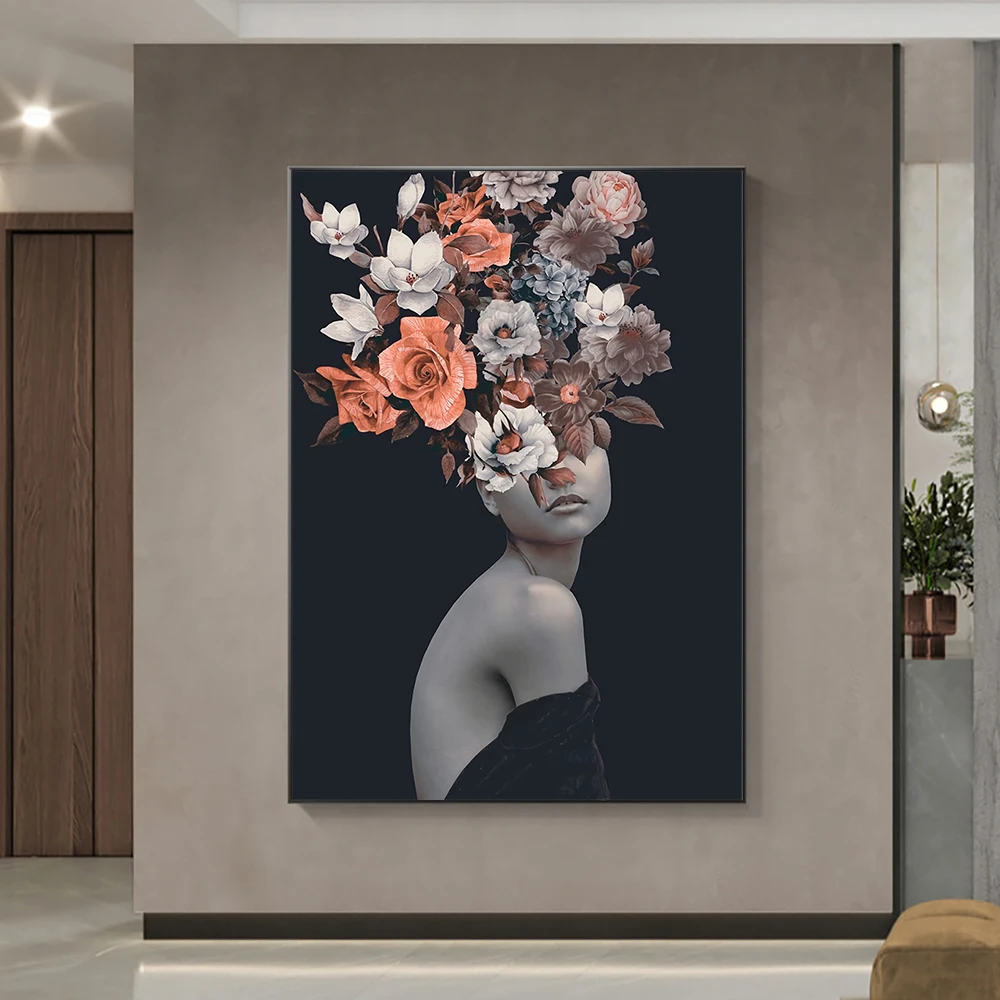 Nordic Girl Head With Flowers Canvas Painting Modern Figure Posters Fashion Wall Art Pictures For Living Room Home Decor
