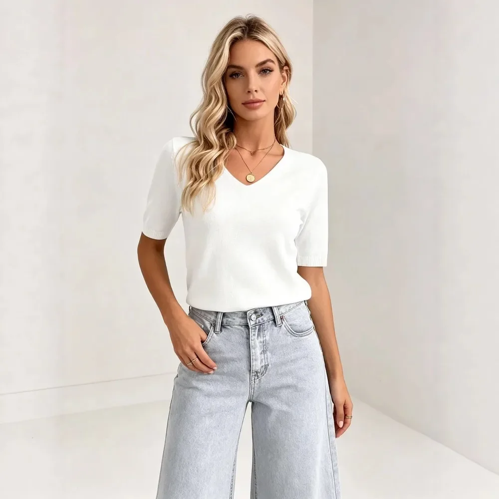 T-shirt blanc à manches courtes et col en V pour femmes, nouveau modèle printemps-été, style européen, haut décontracté pour femmes