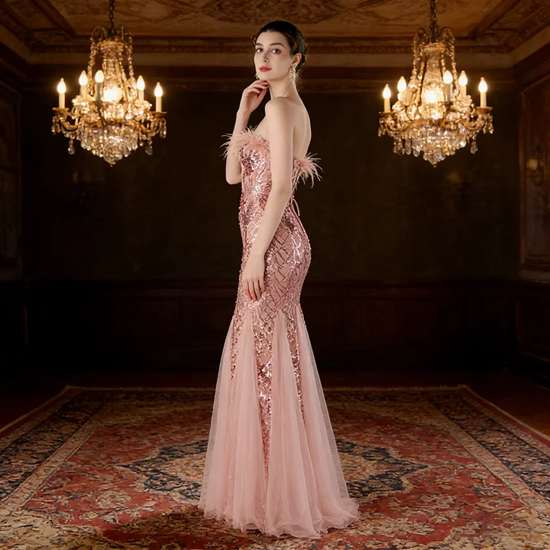 Ladies Clothing Summer Women Sexy Strapless Feather Sequined Elegant Luxury Cocktail Prom Wedding Evening Party Long Dress
