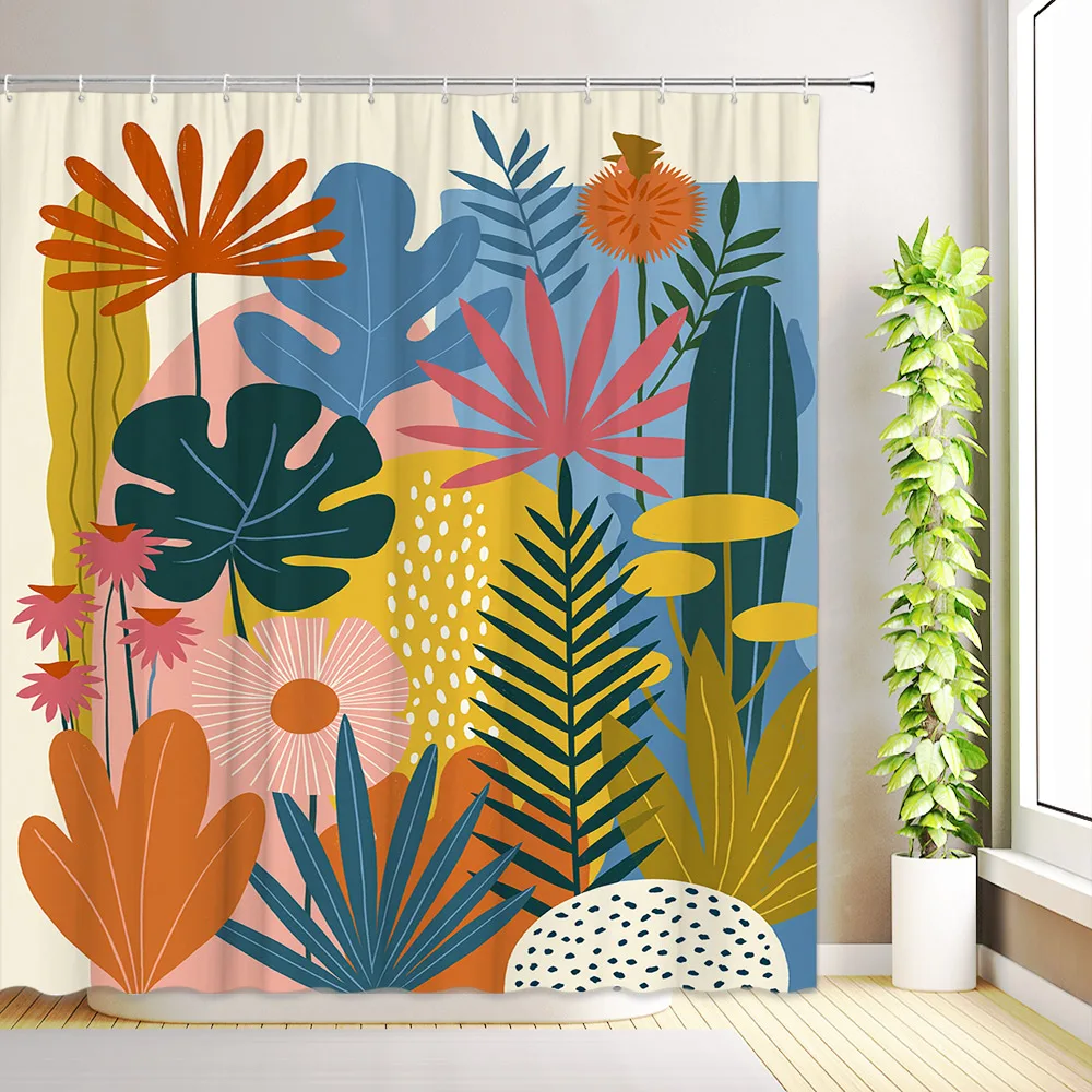 Boho Tropical Floral Shower Curtain Watercolor Pink Leaves Jungle Plant Farmhouse Bathroom Decor Fabric Bath Curtain with Hooks