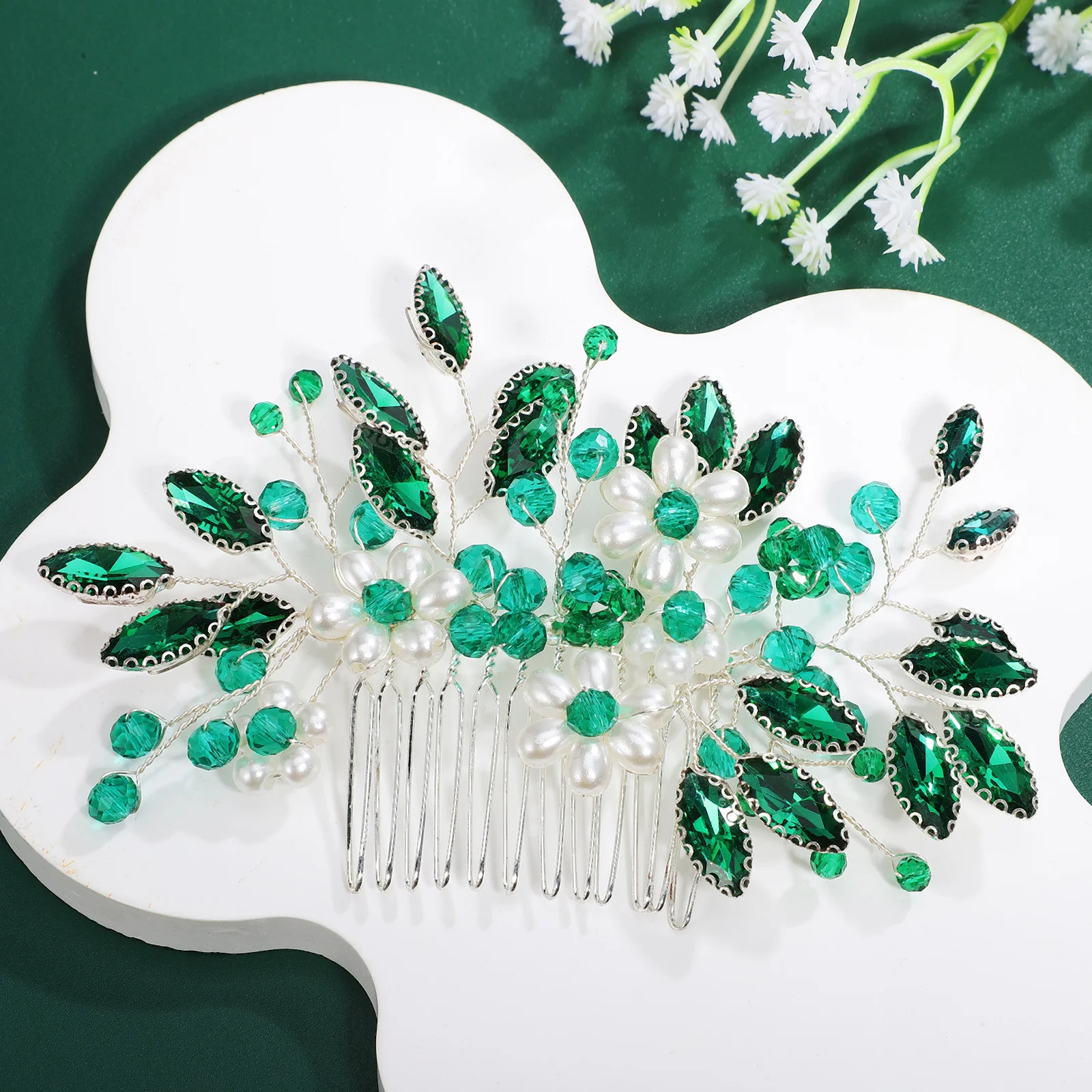 مشط زهور كريستالي، مشط جانبي أخضر مصنوع يدويًا للنساء، إكسسوارات شعر الزفاف، غطاء رأس على شكل ورقة شجر، دبوس مزخرف للحفلات الراقصة #1