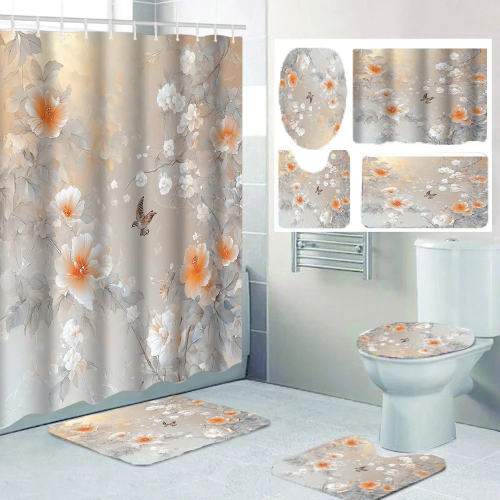 

1/4 Elegant flowers shower Curtains, Toilet Seat Decoration, Shower Curtain with Carpet and Toilet Lid, 70.8x70.8 inch