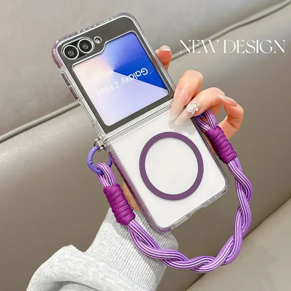 

For Magsafe Magnetic Wrist Strap Phone Case For Samsung Galaxy Z Flip 7 6 5 4 3 Flip7 Flip6 Flip5 Flip4 Flip3 Transparent Cover